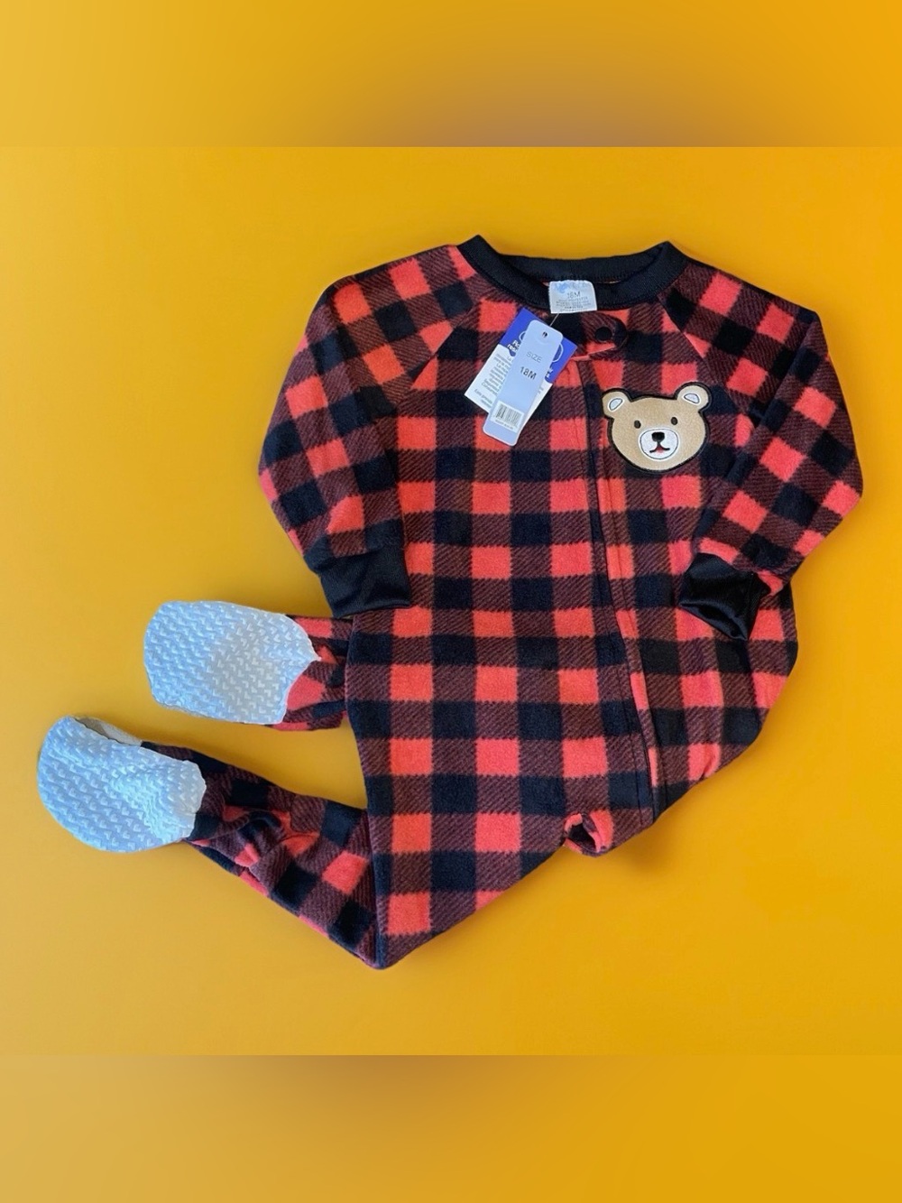 Mon Petit Baby Pajamas 18M Red Black Buffalo Plaid Fleece Bear Footed Sleeper